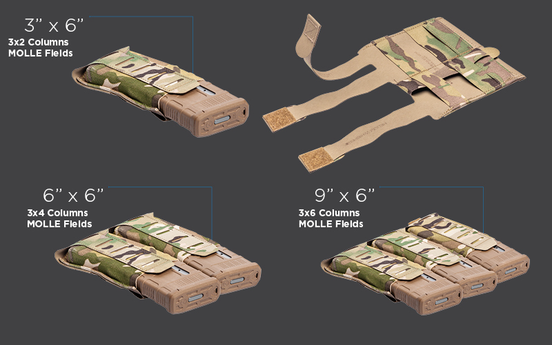MOLLE Pouches shown sizes in single, double and triple mag pouch versions